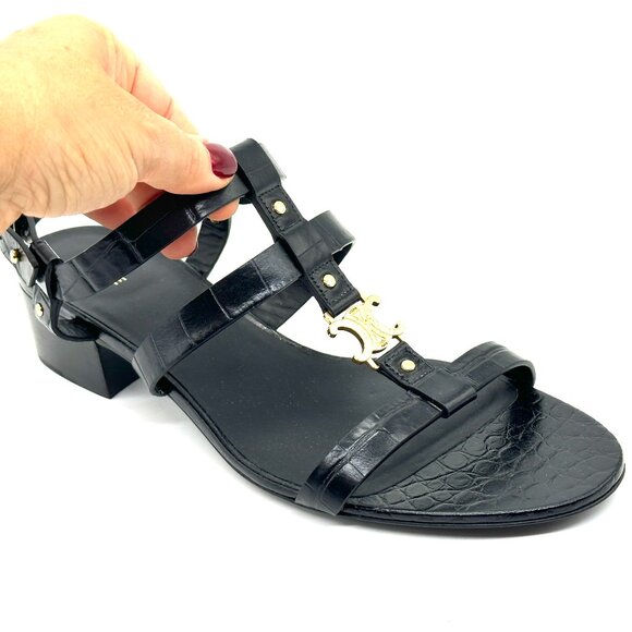 CELINE Triomphe Logo Crocodile Embossed Leather Strappy Block Heel Sandals - Picture 7 of 15
